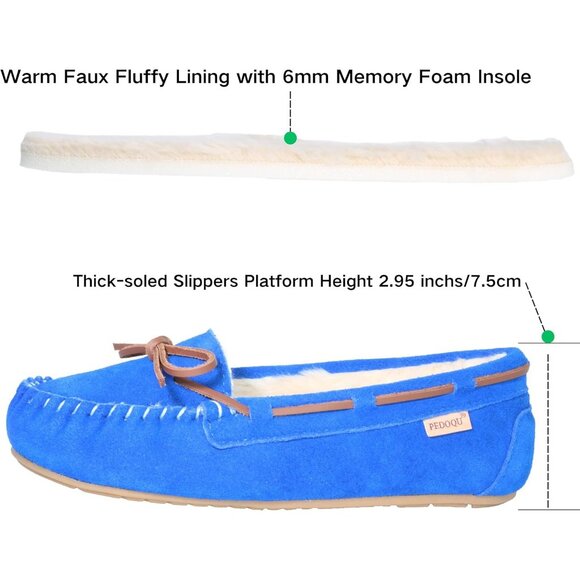 Women's Blue Leather Faux Fur Pile lined lace Up Cozy Bow Warm Slippers Boot - Picture 4 of 5